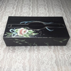 Vintage Metal Hand Painted Floral Rose Tole Tissue Box Cover Table Top or Hanging