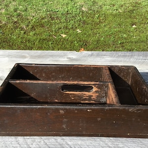 Antique Primitive Dark Wood Tone Utensil Cutlery Knife Box Tray & Cutout Handle