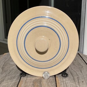Antique Stoneware Blue & White Banded Dome Top Crock Lid Button Knob 9.25" D