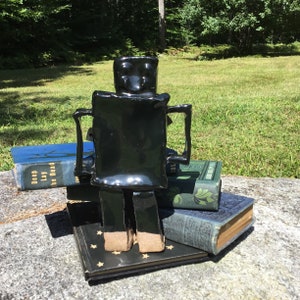 Vintage Handmade Ceramic Pottery Black Robot Figure Figurine With Kiln Stilt