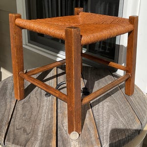 Vintage Boho Wood Foot Stool Bench Weaved Rattan Raffia Top 13.25&quot;L Mid-Century