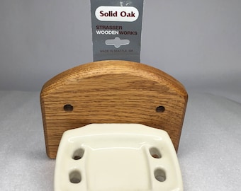 Nos Strasser WoodenWorks Solid Oak & Porcelain Toothbrush Tumbler Holder USA