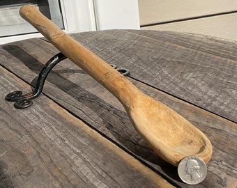 Vintage Prim Wooden Spoon Completely Hand Carved Long Handle TreenWare 17" L