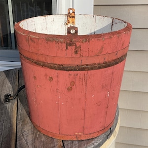 Antique Old Brick Red Prim New England Wood Stave Sap Bucket 2 Hang Tabs 2 Bands