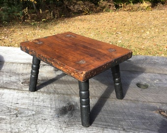 Vintage Mortise & Tenon Wide Wooden Foot Rest Bench Stool Prim Rustic Farmhouse