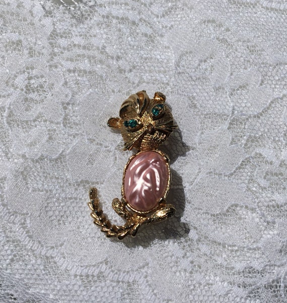 Vintage Gold Tone Kitty Cat Brooch Pin With Aqua … - image 1