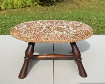 Vintage Oval Wood Beige Floral Upholstered Cricket Foot Stool Foot Rest 14" L