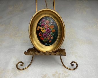 Small Vintage Italian Oil Painting Floral Still Life Flowers Gilded Oval Frame Signed