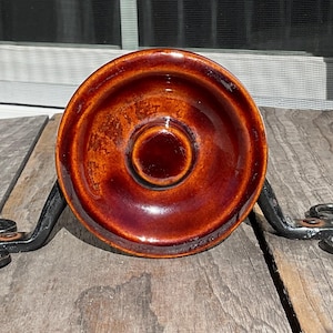 Vintage Stoneware Brown Bean Pot Pantry Jar Preserve Lid Button Knob 3.25"