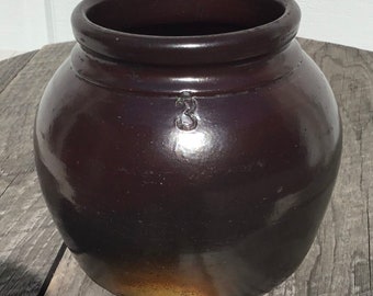 Antique Albany Slip Stamped 3 Quart Bean Pot Crock Country Farmhouse Primitive