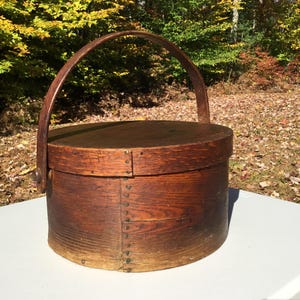 Antique Large Thick Wood Pantry Box w/Lid & Wood Swing Handle Copper Nails 13&quot;D