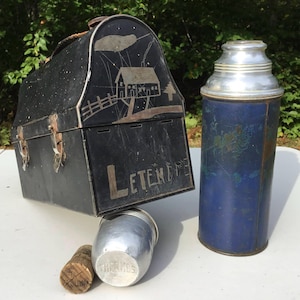 Antique Metal Lunchbox Leather handle & Thermos Personalized Letendre Etch Image