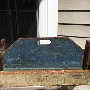 Antique Old Blue Prim Crackle Paint Wooden Handled Tool Caddy Carrier 22.5" L