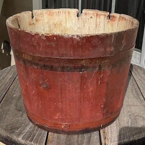 Antique Dark Brick Red New England Wooden Stave 2 Bands Sap Bucket Country Farm