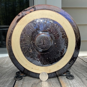 Antique Brown Dome Top Stoneware Stamped 1 Gal Crock Lid Button Knob 8 1/8" Dia