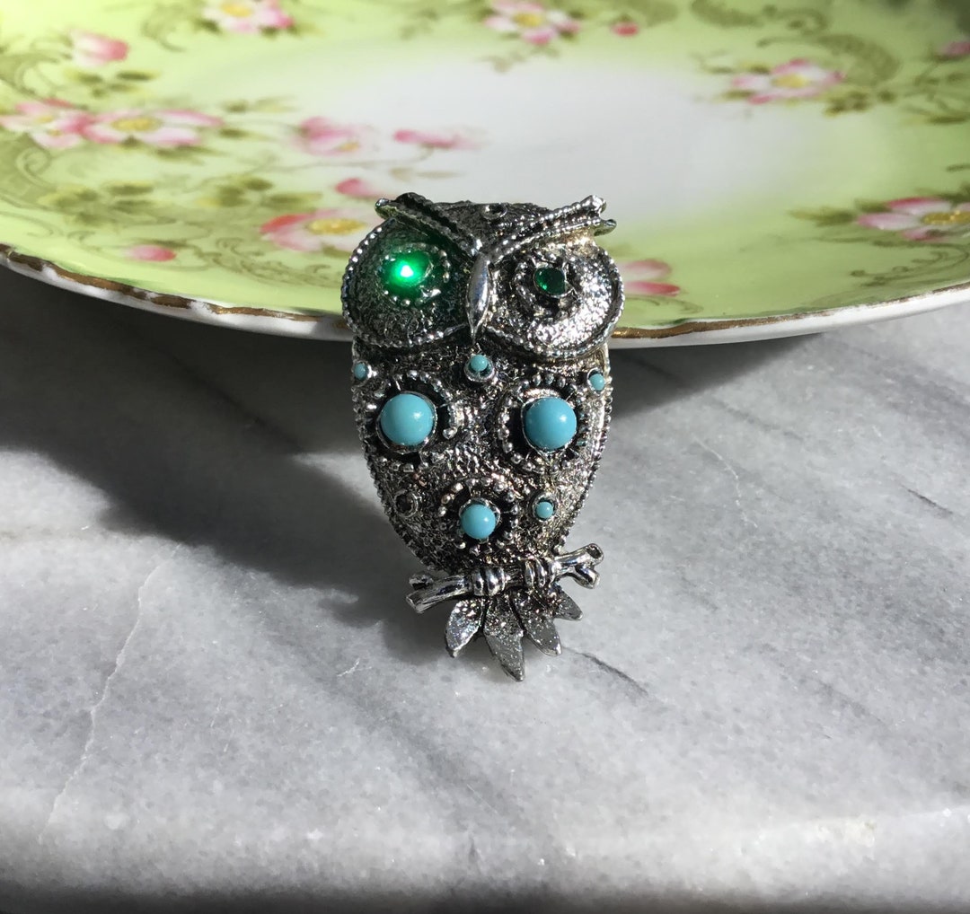 Silver Tone Vintage Owl Brooch Pin With Faux Turquoise & Emerald