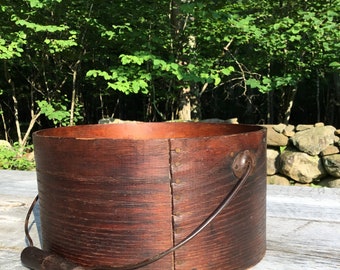 Antique Prim Large Wood Pantry Box & Swing Wood Bail Handle Copper nails 11.25"