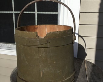 Antique Primitive Old Olive Green Painted Wooden Firkin Sugar Bucket 3 Bands 11.5"H