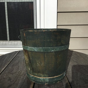 Antique Small Primitive Green Wooden Staved Pail Bucket & Swing Handle 6 3/4H image 6