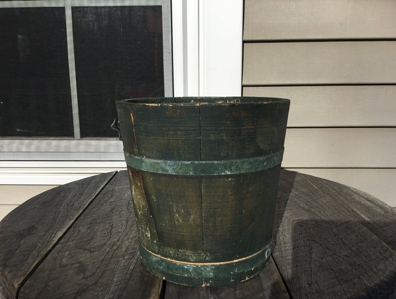 Antique Small Primitive Green Wooden Staved Pail Bucket & Swing Handle 6 3/4H image 6