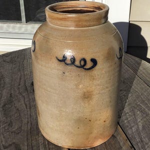 Antique Salt Glaze Decorated Cobalt Squiggles Stoneware Pantry Fruit Jar 9.75&quot; H