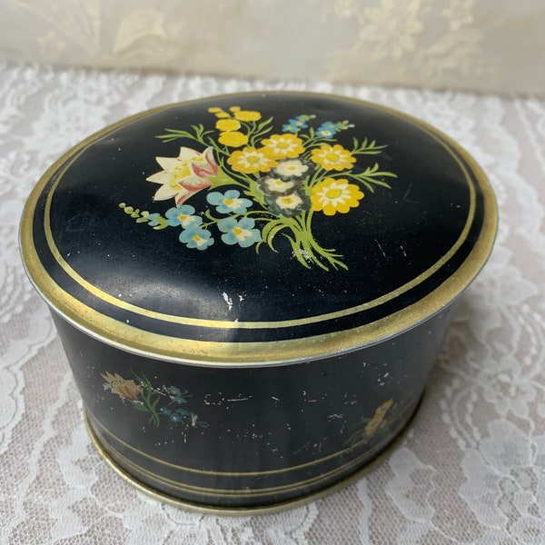 Vintage Collectible Metal Oval Floral Flowers Tin Made in England