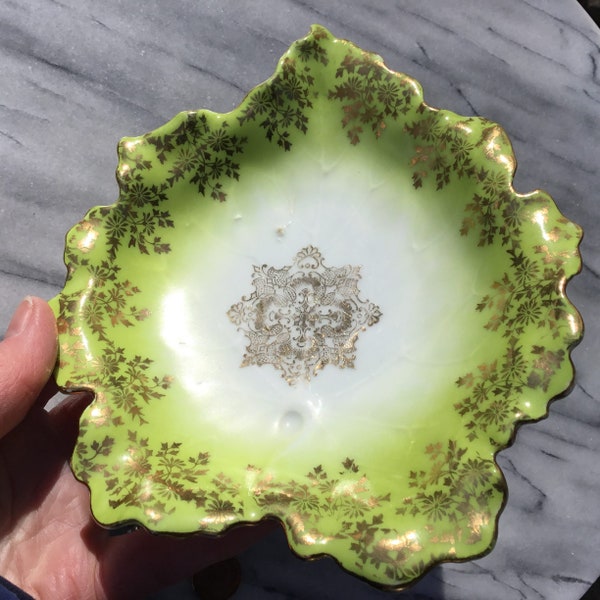 Antique Victoria Carlsbad Austria Porcelain Green Leaf Dish Gold Tone Accents