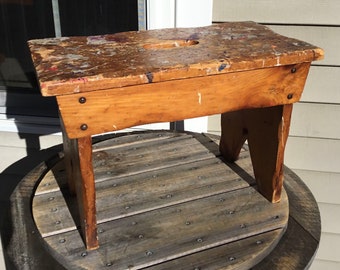 vintage grand tabouret en bois d'artiste/banc repose-pieds découpe poignée de transport 11,75"