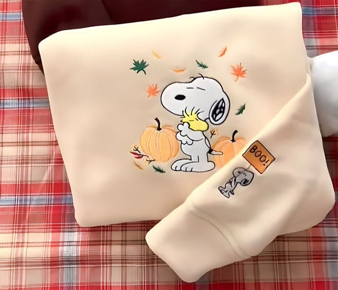 Boo Snoopy Hugging Woodstock Pumpkin Autumn Leaves Embroidered Shirt - Etsy