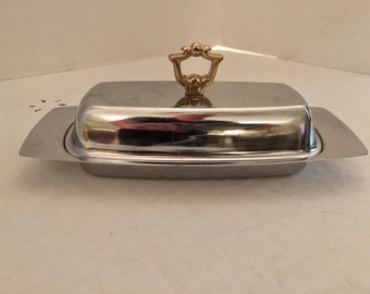 Vintage Silver Tone Metal Butter Dish tray With Lid Wood Handles 2 pieces