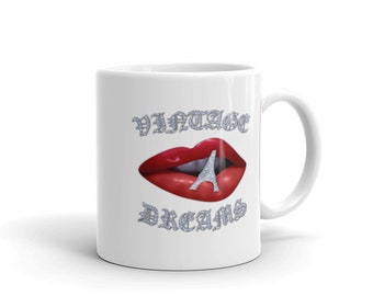 Caneca branca de sonhos vintage/caneca de lábios vermelhos caneca feminina/caneca de sonhos, caneca de texto inspiradora/caneca de aniversário de lábios/caneca vintage de lábios/caneca de presente/caneca para ela