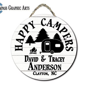Happy Campers- Round Wood Sign- Personalized Custom Family Name- Hanging Wall Sign- Door Wreath- RV Camp Sign- Camper- Wood- 12 inch-