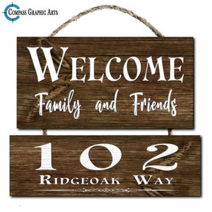 Welcome Family Friends Custom Street House Address Numbers Personalized Hanging Double Wood Plaque Hanging Wall Sign 13x11