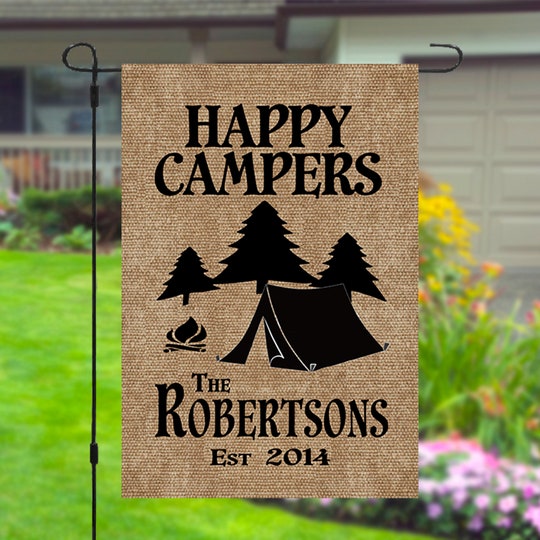 Disover Happy Campers Personalized Custom Family Name Garden Banner Flag