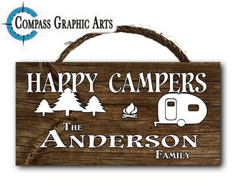 Happy Campers Personalized Custom Family Name Hanging Wood Plaque Sign 12x6