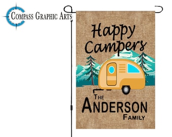 Happy Campers- Garden Flag- Personalized- Custom- Family Name- Banner- RV- Camping Flag- Doubled Sided- 11x14 in or Digital Download