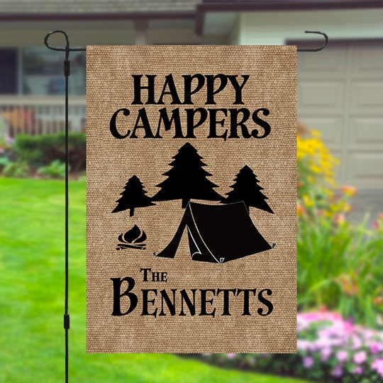 Disover Happy Campers Personalized Custom Family Name Garden Banner Flag