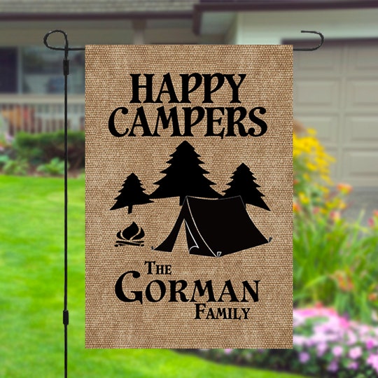 Disover Happy Campers Personalized Custom Family Name Garden Banner Flag