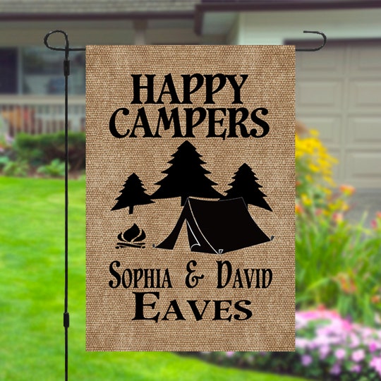 Disover Happy Campers Personalized Custom Family Name Garden Banner Flag