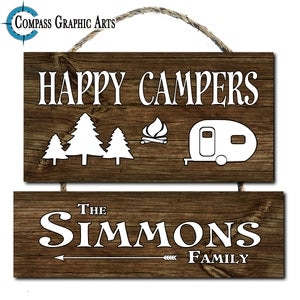 Happy Campers- Personalizado- Nombre de familia personalizado- Colgante doble signo de madera- Calentamiento de la casa- Regalo- Camping- RV Camper- 13x11