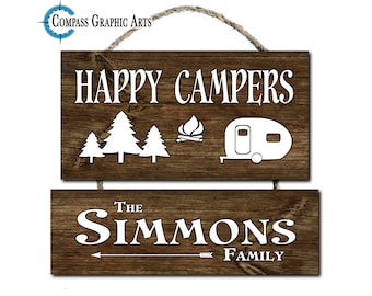 Happy Campers- Personalized- Custom Family Name- Hanging Double Wood Sign- House Warming- Gift- Campsite- RV Camper- 13x11