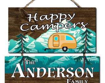 Happy Campers Personalized Custom Family Name Hanging Double Wood Sign RV 13x11