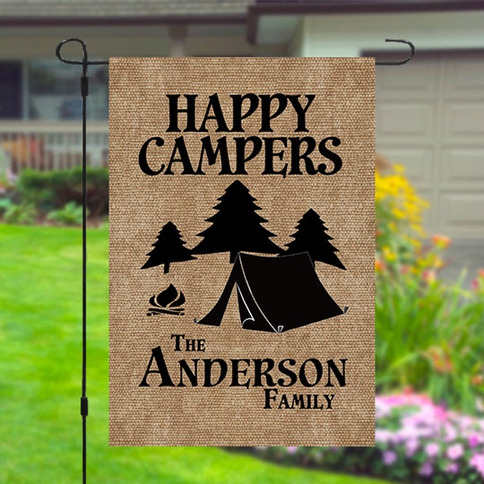 Disover Happy Campers Personalized Custom Family Name Garden Banner Flag