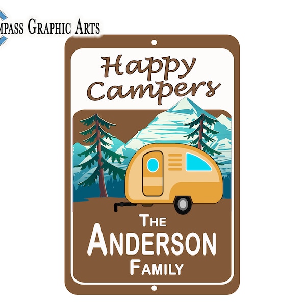 Happy Campers- Personalized- Custom Family Name- Parking Sign- Aluminum- House Warming Gift- Welcome Sign- Campsite- RV Camper- 8x12