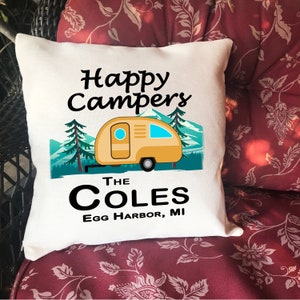 Happy Camper Custom Name Personalized Throw Pillow Case Sham Linen RV 15.5 x15.5in