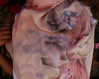 Hand-painted silk scarf with woman