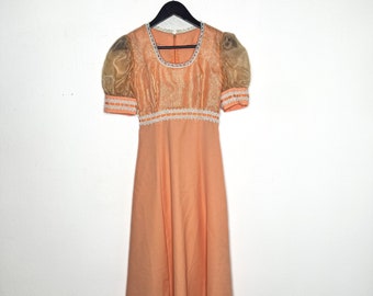 Vintage 1970s Maxi Dress Vtg 70s Empire Waist Peach Orange Floral Bohemian Gown Cottagecore Prairie Dress Prom Party Hostess