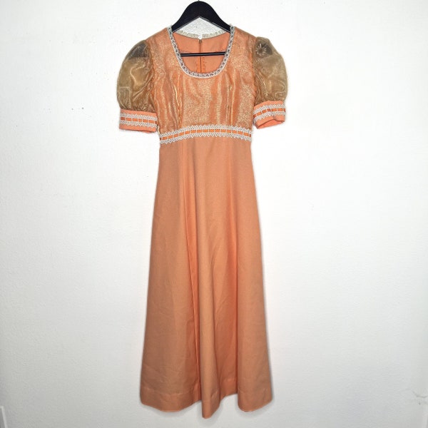 Vintage 1970s Maxi Dress Vtg 70s Empire Waist Peach Orange Floral Bohemian Gown Cottagecore Prairie Dress Prom Party Hostess