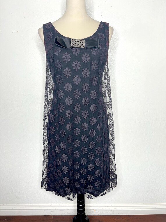 Vintage 1950s 1960s Floral Lace Overlay Black Cocktail Shift Dress