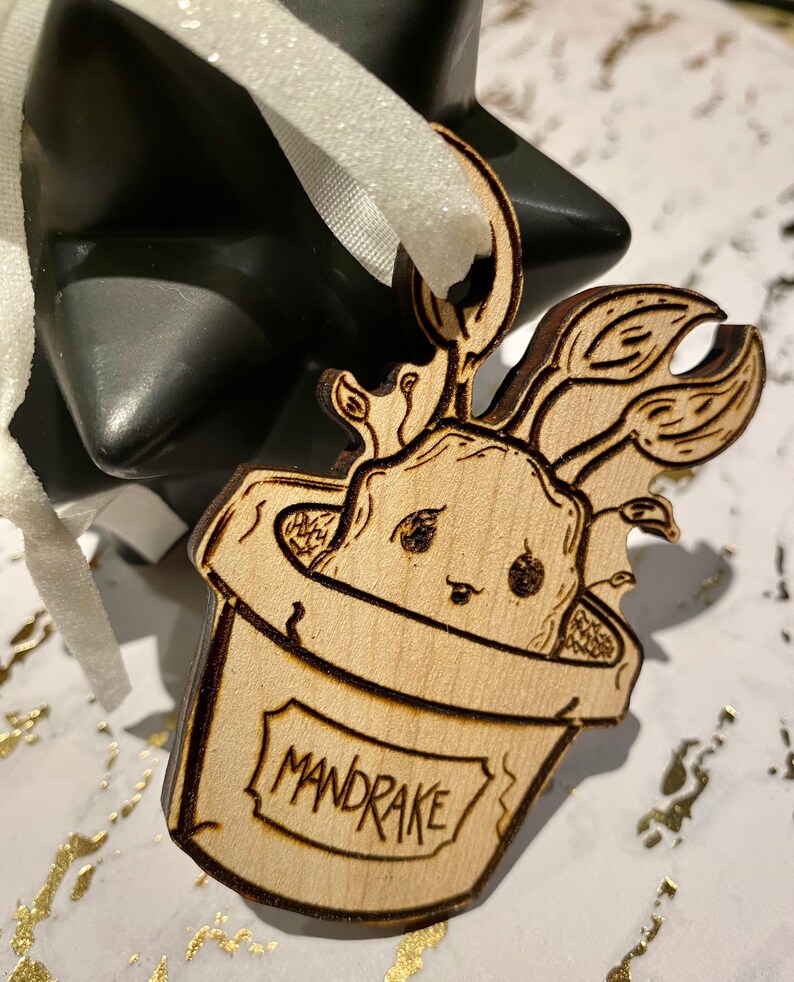 Laser cut birch wood mandrake Harry Potter Christmas ornament